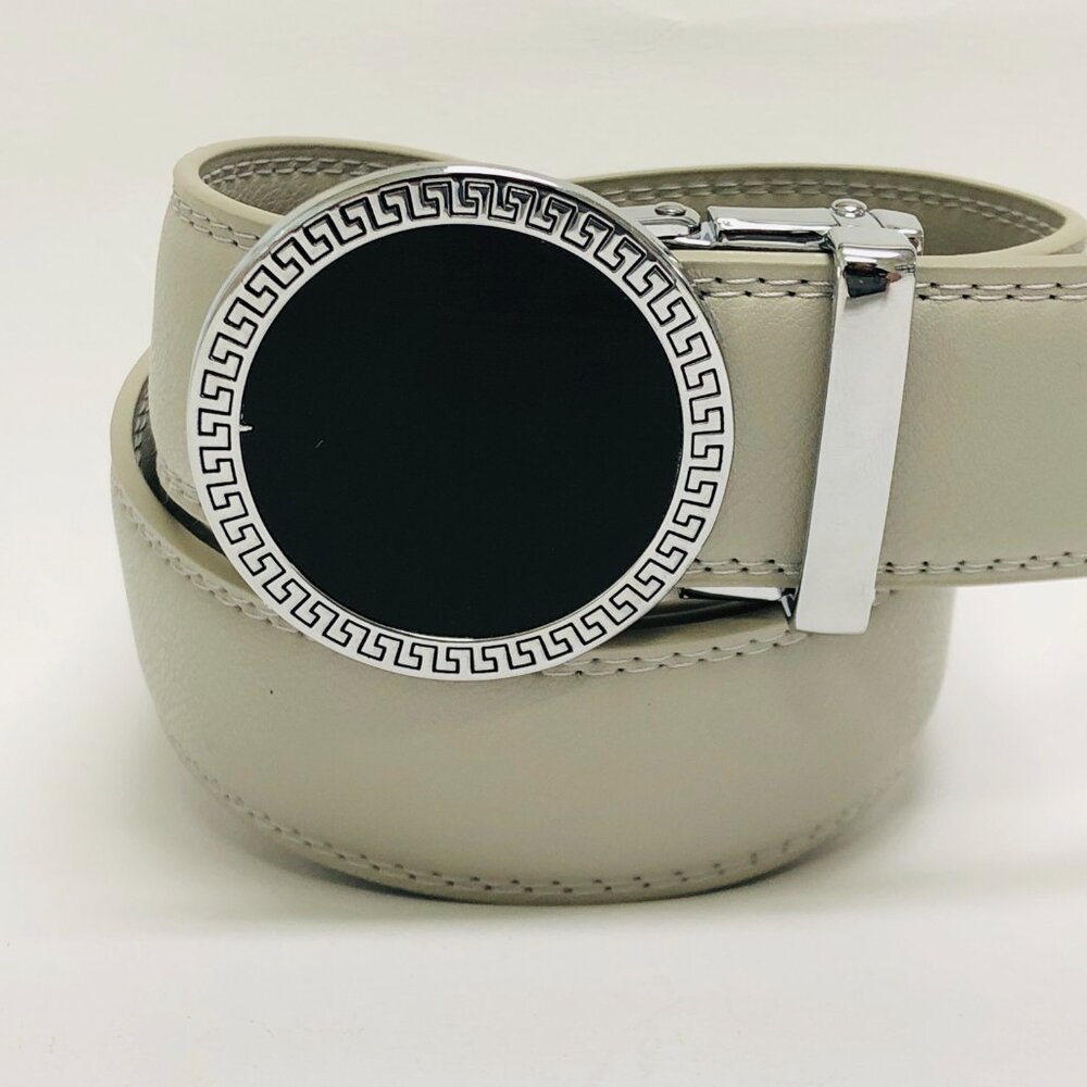 Gray Leather Belt Automatic Buckle Slide Belt NoHole Strep Ratchet Round Meander